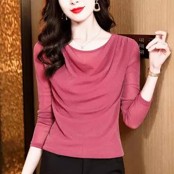 Новая осенняя универсальная круглая горловина яркая шелковая с длинным рукавом сетчатая рубашка для женщин тонкий пуловер футболка топ M чёрный