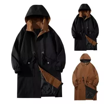 Новая осенняя ветровка в британском стиле, мужская повседневная ветровка средней длины с капюшоном, мужское пальто XL чёрный