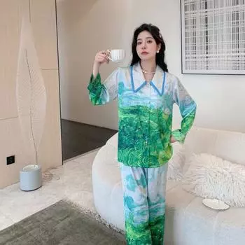 Новая осенняя женская пижама с рисунком из ледяного шелка и лацканами, масляная живопись, комплект из двух частей, двойная длина M