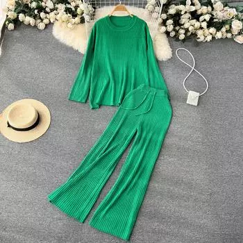 Новая осенняя женская серия Salt Show, тонкие и закрывающие мясо вязаные свитера с длинными рукавами, топы, повседневные длинные брюки, женские костюмы