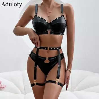 Новая панк-серия от Aduloty, черный комплект забавного нижнего белья из 3 предметов из искусственной кожи с матовой кожей и металлическим комплексом Heavy Craft S чёрный