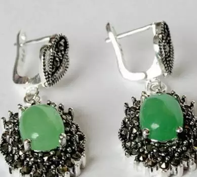 Новая пара серег-подвесок из натурального зеленого кварцита 925 пробы с марказитом