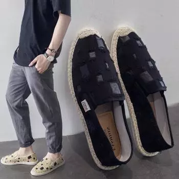 Новая парусиновая обувь для мужчин, модная лоскутная удобная повседневная мужская обувь с круглым носком и низким берцем, Zapatos De Hombre 2024 39 чёрный