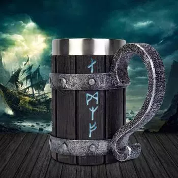 Новая пивная кружка Viking Rune, кружка из нержавеющей стали 304, имитация смолы, деревянная текстура, скандинавский декор, кофейная чашка Stein, мужской подарок, 600 мл