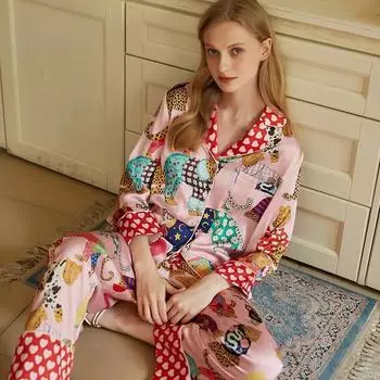 Новая пижама для женщин, осенний костюм из ледяного шелка с длинными рукавами, тонкая домашняя одежда с принтом S