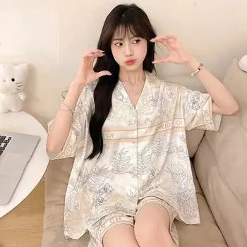 Новая пижама Ice Silk для женщин, летняя, новая, в корейском стиле, с короткими рукавами и короткими шортами, комплект из двух предметов, домашняя одежда M