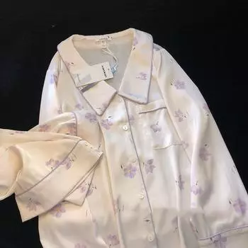 Новая пижама из 2 предметов из ледяного шелка для женщин, осенне-весенний женский пижамный комплект, элегантная домашняя одежда с цветочным принтом, мягкая одежда для сна M