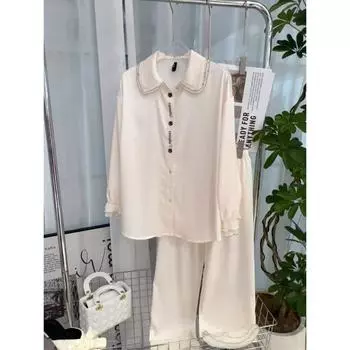 Новая пижама из атласа Ice Silk с узором «в елочку» для женщин, высококачественный комплект пижамы с длинными рукавами и кружевом M