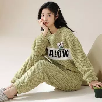 Новая пижама из кораллового бархата для женщин, осенне-зимняя утолщенная плюшевая пижама для студентов, зимний фланелевый теплый комплект домашней одежды с круглым воротником M