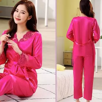 Новая Пижама из ледяного шелка, женская, весна и осень, брюки с длинными рукавами, летний костюм из искусственного шелка, сексуальная кружевная женская домашняя одежда M