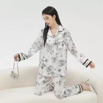 Новая Пижама из шелка с рисунком чернил для женщин, тонкий кардиган с принтом, атласный удобный пижамный комплект M