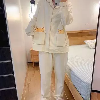 Новая пижама осень чистый хлопок повседневная свободная домашняя одежда женская пижама комплект из двух частей шелковая пижама для женщин M