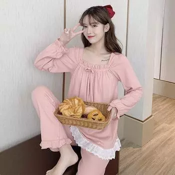 Новая пижама осенний женский комплект домашней одежды для девочек-студенток тонкая милая принцесса кружево кружево суд стиль простая пижама домашний комплект M розовый