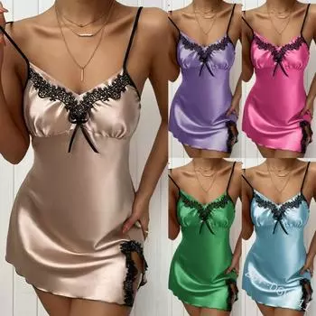 Новая пижама с глубоким V-образным вырезом весна-лето, сексуальная ночная рубашка с подтяжками, атласная, с открытой спиной, милая кружевная пижама L