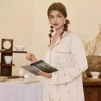 Новая пижама в женском стиле с рисунком медведя и поло, женская домашняя одежда, пижамный костюм из ледяного шелка с жемчужными пуговицами и лацканами M