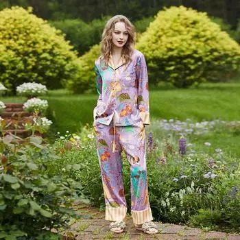 Новая пижама женская домашняя одежда брюки с длинными рукавами с отворотом весенне-осенний атласный костюм из ледяного шелка M