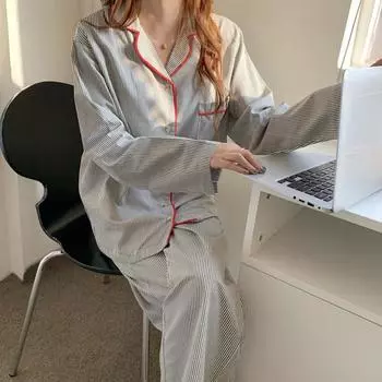 Новая пижама женская простая полосатая кардиган с длинными рукавами для девочек корейская тонкая домашняя одежда комплект из двух предметов пижама для женщин весна M