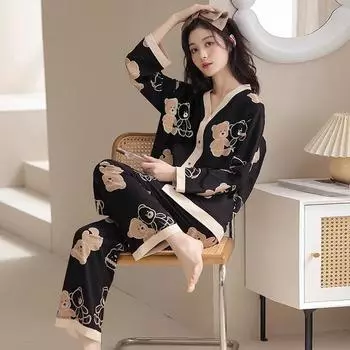 Новая пижама женский кардиган летний с длинными рукавами милый подростковый параграф Ins домашняя одежда черный пижамный комплект с рисунком из мультфильма L