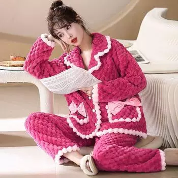 Новая пижама женский зимний костюм фланель осень и зима плюс размер домашняя одежда милая студенческая утолщенная коралловый бархат домашняя одежда M