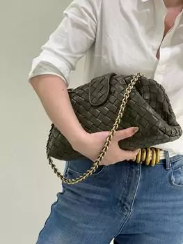 Новая плетеная сумка Cloud из натуральной кожи с цепочкой, сумка для пельменей, женская сумка на одно плечо, сумка-клипса для ужина 28x20x7cm зелёный