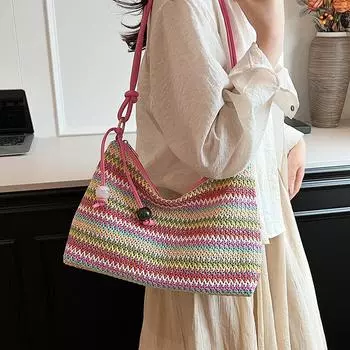 Новая плетеная сумка-тоут, модная повседневная соломенная сумка, нишевая сумка для отпуска, пляжная сумка через плечо с цветной полосой хаки