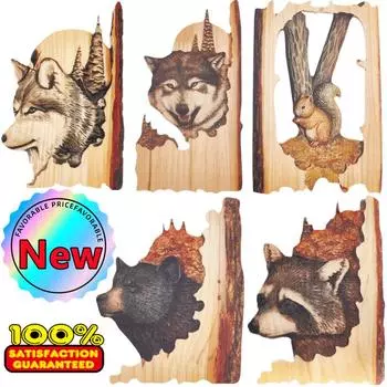 Новая плоская настенная скульптура ручной работы в виде животного, деревянная, енот, медведь, олень, волк, лиса, ручная роспись, украшение для гостиной дома
