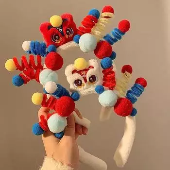 Новая плюшевая повязка на голову в китайском стиле с изображением медведя и льва для женщин, пушистая повязка на голову с ручкой для мытья лица, осенние аксессуары для волос A