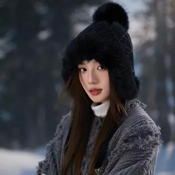 Новая плюшевая шапка Lei Feng для женщин, зимняя, для велоспорта, утолщенная, теплая, для защиты ушей, вязаная шерстяная шапка, защита от холода на северо-востоке One Size