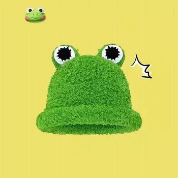 Новая плюшевая шапка-пуловер с большеглазой лягушкой, детская осенне-зимняя, мультяшная, забавная, милая, универсальная, термошапка с ушками M56-58cm
