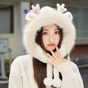 Новая плюшевая шапка с милыми ушками и рогами, женская зимняя плюшевая теплая шапка с воротом, северо-восточная шапка Lei Feng, шапка Baotou белый