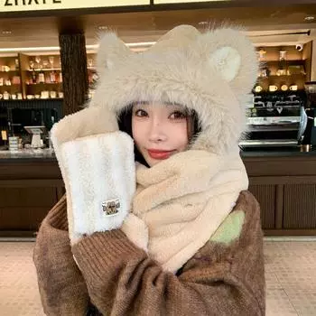 Новая плюшевая термошапка для детей с милым медведем, зимняя плюшевая утолщенная защитная шапка с шарфом, интегрированная шапка