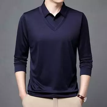 Новая поддельная мужская футболка с длинными рукавами из двух частей, весна-осень, повседневная однотонная рубашка-поло для людей среднего и пожилого возраста M