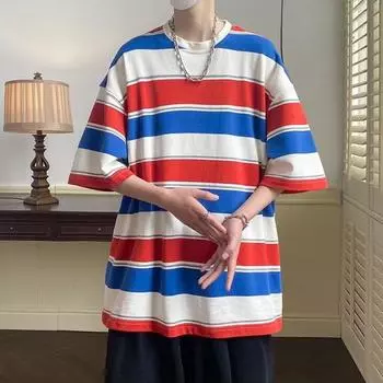 Новая полосатая футболка, мужская футболка с короткими рукавами, модная четырехсезонная свободная мужская футболка в японском студенческом стиле с половиной рукавов, с короткими рукавами M серый
