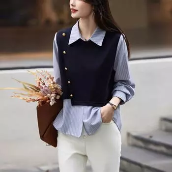 Новая полосатая рубашка с длинными рукавами для женщин в студенческом стиле, свободные утягивающие поддельные топы из двух частей на весну и осень S
