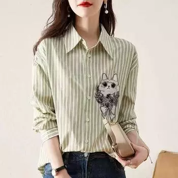 Новая полосатая рубашка женская с длинным рукавом и лацканами, универсальная свободная блузка с вышивкой в виде кошки S