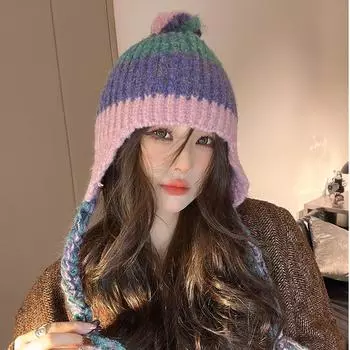 Новая полосатая шерстяная шапка в тон осенне-зимней шапке с большой окружностью головы, теплая, универсальная, для защиты ушей, маленькая шапка с защитой ушей average size [55-58cm]