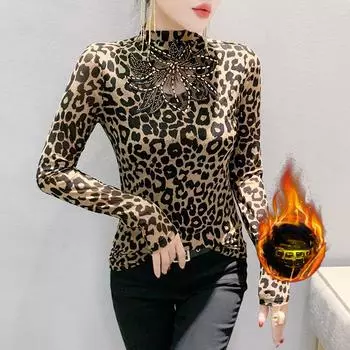 Новая полуводолазка с длинными рукавами и леопардовым принтом футболка женская облегающая ретро-пуловер нижняя рубашка S