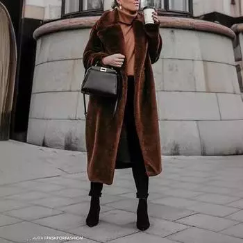 Новая популярная куртка из искусственного меха женская одежда теплая осень и зима длинная с отворотом из меха кролика Рекс S чёрный