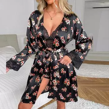 Новая популярная осенняя женская ночная рубашка, сексуальная кружевная домашняя одежда, халат, пижама S (recommended 80-50kg)