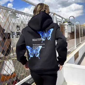 Новая популярная толстовка с открытыми плечами и принтом бабочки на спине для мужчин и женщин на весну и осень, повседневная, с длинными рукавами и капюшоном S чёрный