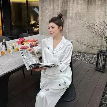 Новая популярная весенне-осенняя пижама для женщин, приятная для кожи домашняя одежда, комплект с длинными рукавами и брюками S