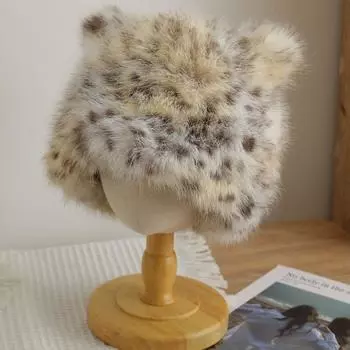 Новая популярная зимняя шапка с леопардовым принтом, модная универсальная, в западном стиле, экологически чистая, утепленная шапка с медвежьими ушками для осени и зимы M56-58cm