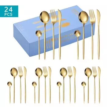 Новая посуда из нержавеющей стали, 24 предмета, костюмный нож, вилка и ложка, подарочная коробка, четыре основных предмета, упаковка на 6 человек