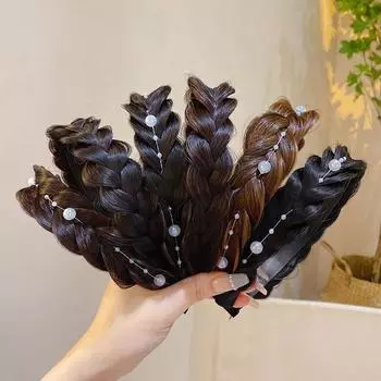 Новая повязка на голову с жемчугом и обручем для женщин, косичка «рыбья кость», искусственные парики, повязка на голову, обновленная, темпераментная, скрученная, нескользящая, аксессуары для волос чёрный