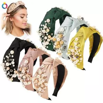 Новая повязка на голову с жемчугом, завязанная широким узлом, повязка на голову из искусственной кожи, модный плиссированный головной убор для женщин Manufacturer Direct Sales