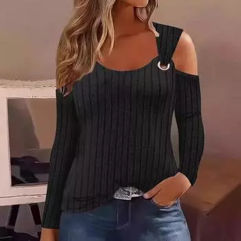 Новая повседневная футболка с длинным рукавом и U-образным вырезом и металлической пряжкой S чёрный