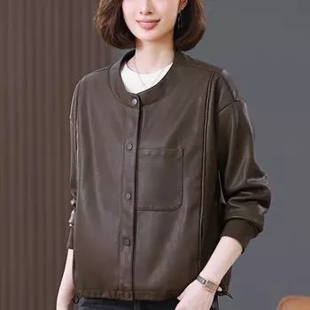 Новая повседневная кожаная куртка большого размера, новая весенне-осенняя женская свободная куртка с круглым вырезом для мам из искусственной кожи M