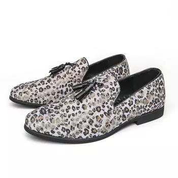 Новая повседневная кожаная обувь, кожаные туфли большого размера с кисточками и леопардовым принтом, мужские лоферы на плоской подошве без шнуровки, мужские модные лоферы в британском стиле 38 чёрный
