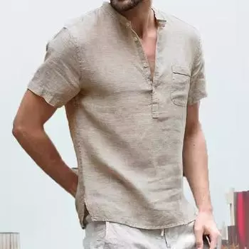 Новая повседневная льняная однотонная полуоткрытая рубашка мужская одежда S