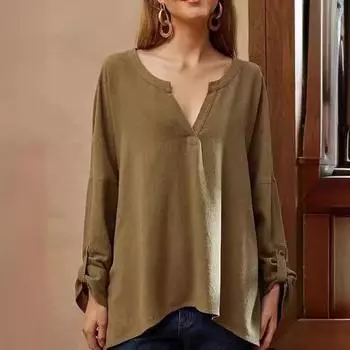 Новая повседневная мода с длинным рукавом для женщин с v-образным вырезом, свободная пуговица с длинным рукавом, однотонный пуловер, дышащая удобная длинная рубашка, топ для работы и отдыха S темно-коричневого